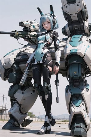 ((8-13yo)),(masterpiece), science fiction, scenery,  1girl, short hair, bangs, aqua hair color, light blue eyes, mecha headgear, sci-fi bodysuits,((Mecha girl:0.8)),(Mecha equipment),(Holding a 600mm caliber sniper rifle),((((Girl bends her knees and stands on top of mecha equipment)))),((The girl prepares to take aim.))