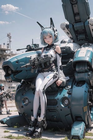 ((8-13yo)),(masterpiece), science fiction, scenery,  1girl, short hair, bangs, aqua hair color, light blue eyes, mecha headgear, sci-fi bodysuits,((Mecha girl:0.8)),(Mecha equipment),(Holding a 600mm caliber sniper rifle),(((Girl sitting on top of mecha equipment)))