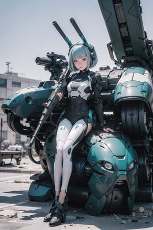 ((8-13yo)),(masterpiece), science fiction, scenery,  1girl, short hair, bangs, aqua hair color, light blue eyes, mecha headgear, sci-fi bodysuits,((Mecha girl:0.8)),(Mecha equipment),(Holding a 600mm caliber sniper rifle),(Girl sitting on top of mecha equipment)