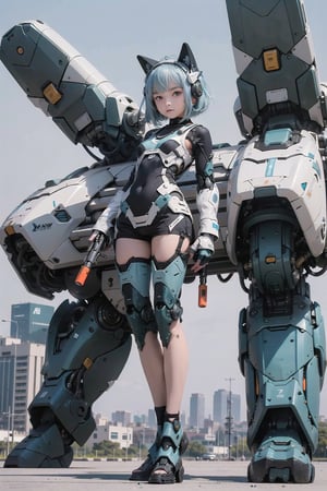 ((8-13yo)),(masterpiece), science fiction, scenery,  1girl, short hair, bangs, aqua hair color, light blue eyes, mecha headgear, sci-fi bodysuits,((Mecha girl:0.8)),(Mecha equipment),(Holding a 600mm caliber sniper rifle),(((Girl bends her knees and stands on top of mecha equipment)))