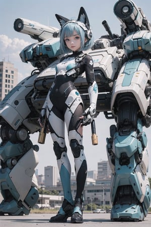 ((10-12yo)),(masterpiece), science fiction, scenery,  1girl, short hair, bangs, aqua hair color, light blue eyes, mecha headgear, sci-fi bodysuits,((Mecha girl:0.8)),(Mecha equipment),(Holding a 150mm caliber sniper rifle)