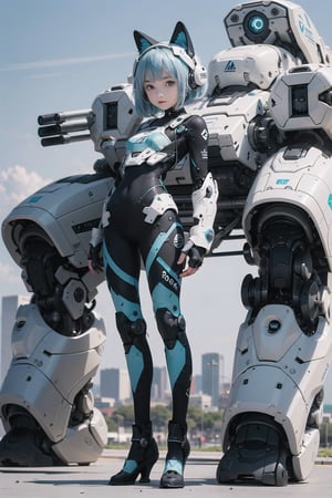 ((8-13yo)),(masterpiece), science fiction, scenery,  1girl, short hair, bangs, aqua hair color, light blue eyes, mecha headgear, sci-fi bodysuits,((Mecha girl:0.8)),(Mecha equipment),(Holding a 150mm caliber sniper rifle)