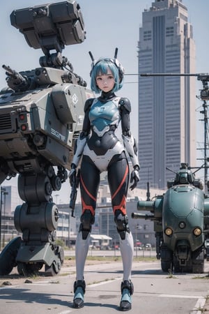 ((8-13yo)),(masterpiece), science fiction, scenery,  1girl, short hair, bangs, aqua hair color, light blue eyes, mecha headgear, sci-fi bodysuits,((Mecha girl:0.8)),(Mecha equipment),(Holding a 600mm caliber sniper rifle),((((Girl bends her knees and stands on top of mecha equipment)))),((The girl prepares to take aim.)),non-humanoid robot