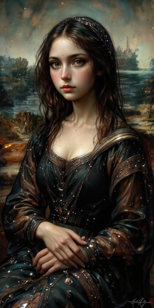 A  melancholic Mona Lisa by Leonardo da Vinci, reimagined in a striking emo art style. The subject's enigmatic smile now conveys a sense of longing and sorrow, as she gazes off into the distance with an air of detachment. Her iconic dress is replaced with a flowing black gown, adorned with intricate silver studs, against a dark and moody cityscape backdrop. Harsh lighting casts dramatic shadows on her pale skin, emphasizing the intensity of her emotions,UnderwaterElegance