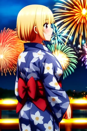  Japanese dress, night background, fireworks, yukata