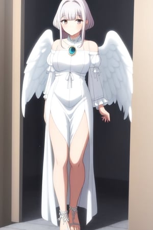 long white dress with ruffled sleeves and a blue brooch and white sandals, angel wings