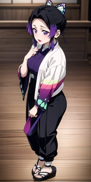  Short girl, with light skin and red lipstick, short black hair with purple gradient extensions at the ends, which is wavy and has fringes separated at head height, straight lined purple dyed black jacket with black hakama pants tucked into a butterfly pattern kyahan fabric around her legs and purple zori sandals. 
