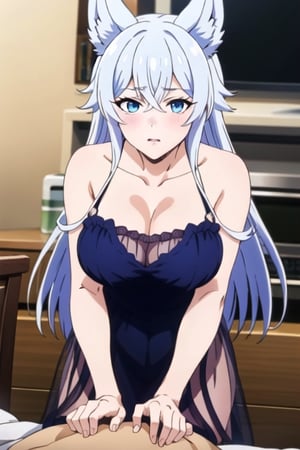 Beautiful long-haired demihuman with white/silver hair and blue eyes. She wears a sheer blue-black dress that complements her hair, wolf ears.