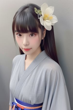 1girl, solo, long hair, looking at viewer, bangs, black hair, hair ornament, closed mouth, upper body, japanese clothes, hair flower, kimono, grey background, black eyes, lips, sash, realistic, 