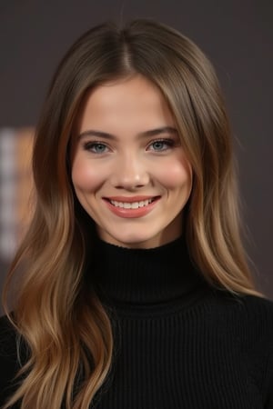 Photorealistic picture of Freya Allan, turtleneck, smile,