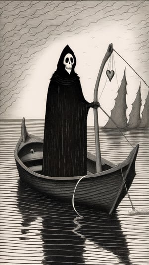 Edward Gorey Style - Edward Gorey Very creepy 8K Grim reaper fishing for hearts on a boat