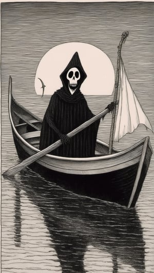 Edward Gorey Style - Edward Gorey Very creepy 8K Grim reaper fishing for hearts on a boat