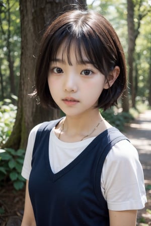 主：(((Deep in the woods))),(looking at the audience),(focus on face),(((Only the face enters the camera))), (Focus on the face),
人：(((a korean little girl:1.3))),Pure and restrained little girl,(((little girl of elementary school age))),(low cut),(childish breasts),
髮：(bangs),(((very short handsome short hair:1.4))),The length of short hair is above the ears,