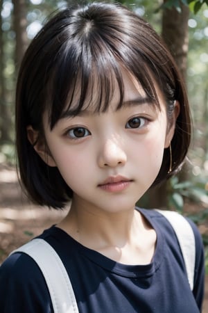 主：(((Deep in the woods))),(looking at the audience),(focus on face),(((Only the face enters the camera))), (Focus on the face),
人：(((a korean little girl:1.3))),Pure and restrained little girl,(((little girl of elementary school age))),(low cut),(childish breasts),
髮：(bangs),(((very short handsome short hair:1.4))),The length of short hair is above the ears,
