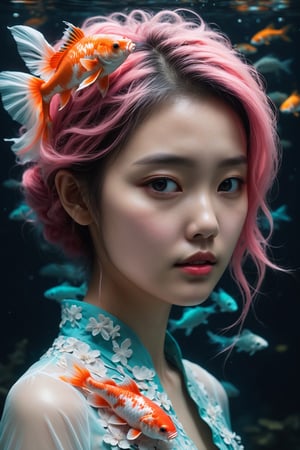 HONG KONG Girl ((September Ai)) with brown colour skin, AQUA short messy hair, 

(best quality,8K,highres,masterpiece), ultra-detailed, (photo RAW, hyper-realistic, super colorful) portrait of 2 ghostly long-tailed white koi and a woman. The scene is illuminated with a shiny aura and vibrant colors, including black, dark red, and neon pink. The image features intricate motifs, red filigree, and organic tracery in the style of Januz Miralles, Hikari Shimoda, and glowing stardust by W. Zelmer. The lively coral reef background adds a burst of color, creating a dazzling and award-winning composition in natural light.
