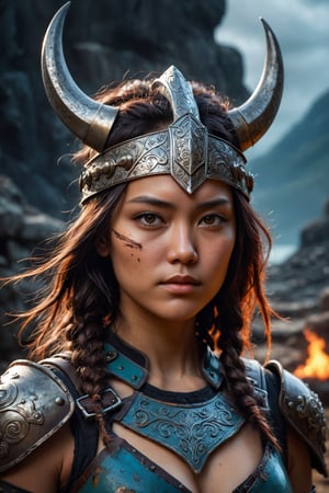 HONG KONG Girl ((September Ai)) with brown colour skin, AQUA short messy hair, 

(viking:1.1,woman:1.1,tattoo on her face:1.1,fantasy,cinematic,portraits:1.2,dynamic:1.1,hyper realistic:1.2),medium:oil painting,ancient battlefield background,dramatic lighting,fiery sunset,warrior armor and weapons,fierce expression,flowing hair,expressive eyes,elaborate headpiece,ornate armor,weathered textures,thick brushstrokes,bold colors,high contrast,detailed skin texture,sculpted muscles,gritty atmosphere,moody atmosphere.
