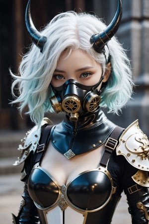 HONG KONG Girl ((September Ai)) with brown colour skin, AQUA short messy hair, 

1 girl, (masterful), blur, black_hair, albino demon girl,slit pupil eyes,Intricate Iris Details,heterochromia_iridis,(gas mask),(long intricate horns:1.2) ,pure white hair,Wearing Medieval black Knight Armor,Gold carved full plate Armor, best quality, highest quality, extremely detailed CG unity 8k wallpaper, detailed and intricate, ,steampunk style,perfecteyes
