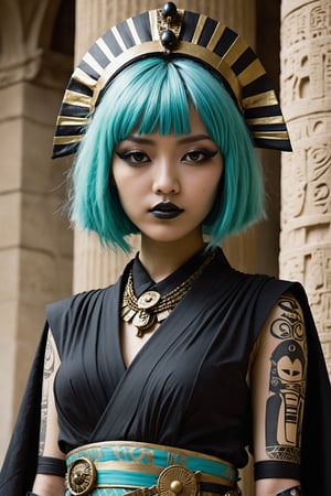 HONG KONG Girl ((September Ai)) with brown colour skin, AQUA short messy hair, 

Cleopatra in a fusion of Japanese-inspired Gothic punk fashion, elegance ancient Egypt edgy elements of Gothic punk,Envision Cleopatra adorned in a kimono-inspired gown with Gothic accessories, incorporating traditional Japanese motifs and punk-inspired details,Emphasize the unique synthesis of styles, capturing the regal allure of Cleopatra with a contemporary and rebellious twist,goth person,pastel goth
