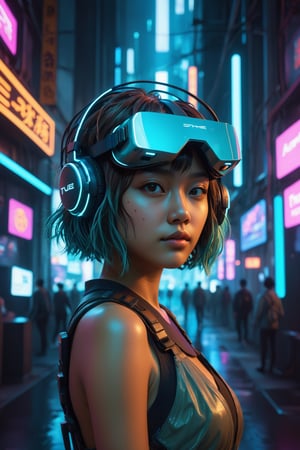 HONG KONG Girl ((September Ai)) with brown colour skin, AQUA short messy hair, 

"In the artwork, a girl with a bob haircut appears, emanating a peaceful chillout vibe. Wearing a cyberpunk VR headset, she gazes straight ahead, with the intricate details of the VR brought to life by a complex network of fluorescent wires. The vibrant neon lights surrounding her add a sense of tranquility to the futuristic scene. The combination of cyberpunk aesthetics with chillout elements creates a visually captivating composition, inviting viewers to immerse themselves in the harmonious blend of technology and relaxation."
