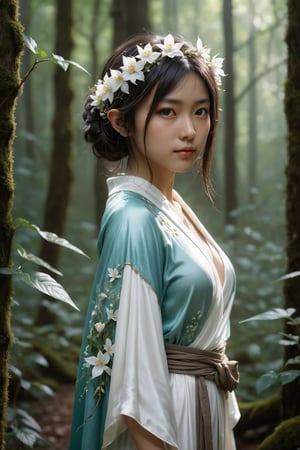 HONG KONG Girl ((September Ai)) with brown colour skin, AQUA short messy hair, 

(4k), (masterpiece), (best quality),(extremely intricate), (realistic), (sharp focus), (cinematic lighting), (extremely detailed), A young beautiful high elf archer girl posing with back turned to the viewer. She is in a secluded enchanted forest and is wearing white elven silk robe. ,flower4rmor, see-through ,flowers in hair, Flower, flower white silk robe ,DonM4lbum1n ,DonMChr0m4t3rr4 ,LODBG,no_humans,glyphtech
