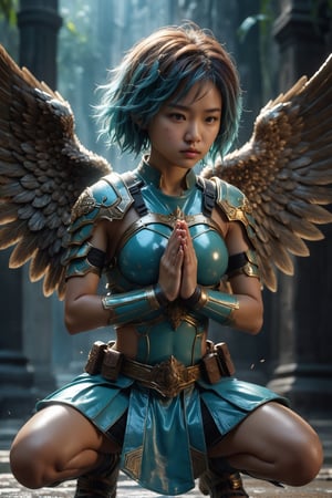 HONG KONG Girl ((September Ai)) with brown colour skin, AQUA short messy hair, 

(4k), (masterpiece), (best quality),(extremely intricate), (realistic), (sharp focus), (cinematic lighting), (extremely detailed), (perfectly symetrical), A girl angel warrior kneeling in prayer before a battle, her eyes closed and her hands clasped together, asking for the strength and courage to protect her loved ones. ,lac34rmor,blessedtech,realhands
