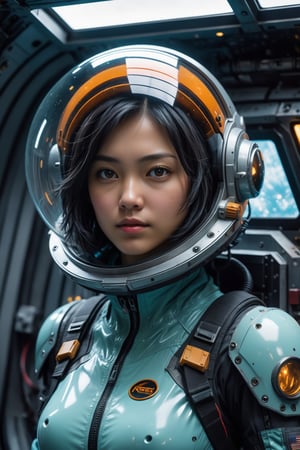 HONG KONG Girl ((September Ai)) with brown colour skin, AQUA short messy hair, 

breathtaking close up photorealism photo of Caucasian woman with black hair wearing mech suit indoors (on alien spaceship) by Craig Davison, Dave Dorman, and Drew Struzan, symmetrical outfit. patch panels, computers, buttons, switches, screen, window with a view of outer space. wearing bubble helmet, face visible. high quality, photorealism, chromatic aberration, lens distortion, sharp focus, highest detail.
