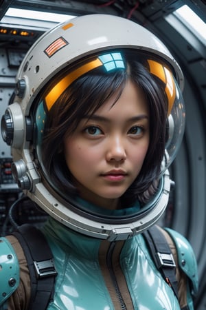 HONG KONG Girl ((September Ai)) with brown colour skin, AQUA short messy hair, 

breathtaking close up photorealism photo of Caucasian woman with black hair wearing mech suit indoors (on alien spaceship) by Craig Davison, Dave Dorman, and Drew Struzan, symmetrical outfit. patch panels, computers, buttons, switches, screen, window with a view of outer space. wearing bubble helmet, face visible. high quality, photorealism, chromatic aberration, lens distortion, sharp focus, highest detail.
