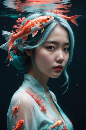 HONG KONG Girl ((September Ai)) with brown colour skin, AQUA short messy hair, 

(best quality,8K,highres,masterpiece), ultra-detailed, (photo RAW, hyper-realistic, super colorful) portrait of 2 ghostly long-tailed white koi and a woman. The scene is illuminated with a shiny aura and vibrant colors, including black, dark red, and neon pink. The image features intricate motifs, red filigree, and organic tracery in the style of Januz Miralles, Hikari Shimoda, and glowing stardust by W. Zelmer. The lively coral reef background adds a burst of color, creating a dazzling and award-winning composition in natural light.
