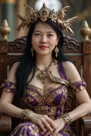 A female warrior sits on a throne in a banquet hall, with an unknown expression on her face. Her straight black long hair, detailed skin and red eye shadow stand out. her large eyes are vividly depicted with realistic brown pupils. The photo, with dramatic lighting and particle effects that seem to have been taken with a DSLR camera, is smooth, glossy and detailed enough to be described as one of the most beautiful works of art in the world. The muscular, large and ornate headdress of the epic and heroic fantasy details the hero's position and dignity, and the dragon flying around her that from her neck and shoulder is a characteristic of the fantastic location and the majestic and chaotic environment. The full body 8k Unity rendering and action shot shows the pores of the skin in detail, and features very dark lighting and deep shadows. The dress, which emphasizes the elegance of the combination of violet and gold, gives a complex and decadent feeling. Completed with digital painting and Octane rendering, this concept art can be found on Artstation, and the smooth, sharply focused illustration boasts top quality with the use of global lighting, studio lighting, and volumetric lighting to add rain and floating particle effects. The highly detailed and delicate details make this piece stand out even more.,Top quality, very detailed and delicate details description:1.2,Ttthangf,Perfect Eyes,Detailed skin,ttthangf