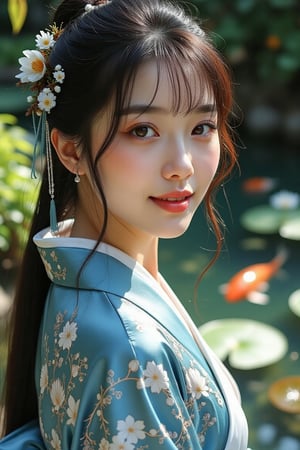 A graceful Korean maiden poses by a tranquil koi pond, surrounded by vibrant greenery and delicate lily pads floating atop the water. The young woman gazes playfully at the viewer with a warm, inviting smile, her bangs gently framing her heart-shaped face. Her long, sleek black hair is tied back, with a few strands cascading down, decorated with elegant hairpins shaped like blossoms. Her large, expressive hazel eyes shine brightly, and her lips are adorned with a soft pink gloss. A luxurious silk kimono in shades of blue and white drapes elegantly around her figure, the motifs reflecting the serenity of her environment. The background is slightly blurred, emphasizing the shimmering water and the vivid colors of the surrounding foliage, while maintaining the focus on her enchanting presence, which radiates tranquility and charm.