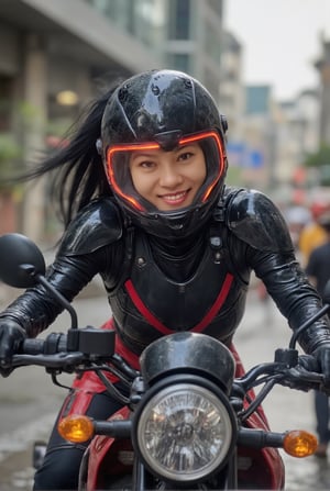 a cyborg girl in mecha armor,60yo,black and red colored armor,neon light lines glowing,exquisite face,soft shiny skin,long hair blowing, pretty smile, riding Triumph Tiger 1200 Rally Explorer, city street backdrop,puddles,dynamic pose,focused expression,realistic,detailed,masterpiece,best quality,sharp focus,high contrast,rule of thirds,depth of perspective,trending on artstation,award-winning photo,chiaroscuro lighting,ek_g1rl_02,ek_art_b00ster,ttthangf