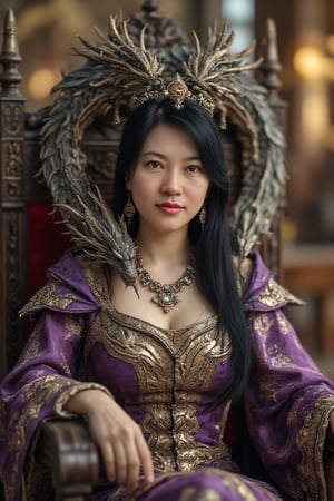 A female warrior sits on a throne in a banquet hall, with an unknown expression on her face. Her straight black long hair, detailed skin and red eye shadow stand out. her large eyes are vividly depicted with realistic brown pupils. The photo, with dramatic lighting and particle effects that seem to have been taken with a DSLR camera, is smooth, glossy and detailed enough to be described as one of the most beautiful works of art in the world. The muscular, large and ornate headdress of the epic and heroic fantasy details the hero's position and dignity, and the dragon flying around her that from her neck and shoulder is a characteristic of the fantastic location and the majestic and chaotic environment. The full body 8k Unity rendering and action shot shows the pores of the skin in detail, and features very dark lighting and deep shadows. The dress, which emphasizes the elegance of the combination of violet and gold, gives a complex and decadent feeling. Completed with digital painting and Octane rendering, this concept art can be found on Artstation, and the smooth, sharply focused illustration boasts top quality with the use of global lighting, studio lighting, and volumetric lighting to add rain and floating particle effects. The highly detailed and delicate details make this piece stand out even more.,Top quality, very detailed and delicate details description:1.2,Ttthangf,Perfect Eyes,Detailed skin,ttthangf