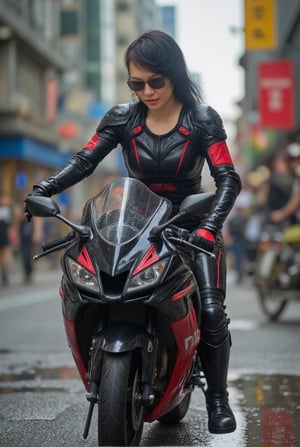 a cyborg girl in mecha armor,20yo,black and red colored armor,neon light lines glowing,exquisite face,soft shiny skin,long hair blowing,sunglasses,riding kawasaki ninja h2r at high speed,city street backdrop,puddles,dynamic pose,focused expression,realistic,detailed,masterpiece,best quality,sharp focus,high contrast,rule of thirds,depth of perspective,trending on artstation,award-winning photo,chiaroscuro lighting,ek_g1rl_02,ek_art_b00ster,ttthangf