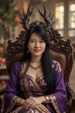 A female warrior sits on a throne in a banquet hall, with an unknown expression on her face. Her straight black long hair, detailed skin and red eye shadow stand out. her large eyes are vividly depicted with realistic brown pupils. The photo, with dramatic lighting and particle effects that seem to have been taken with a DSLR camera, is smooth, glossy and detailed enough to be described as one of the most beautiful works of art in the world. The muscular, large and ornate headdress of the epic and heroic fantasy details the hero's position and dignity, and the dragon flying around her that from her neck and shoulder is a characteristic of the fantastic location and the majestic and chaotic environment. The full body 8k Unity rendering and action shot shows the pores of the skin in detail, and features very dark lighting and deep shadows. The dress, which emphasizes the elegance of the combination of violet and gold, gives a complex and decadent feeling. Completed with digital painting and Octane rendering, this concept art can be found on Artstation, and the smooth, sharply focused illustration boasts top quality with the use of global lighting, studio lighting, and volumetric lighting to add rain and floating particle effects. The highly detailed and delicate details make this piece stand out even more.,Top quality, very detailed and delicate details description:1.2,Ttthangf,Perfect Eyes,Detailed skin,ttthangf