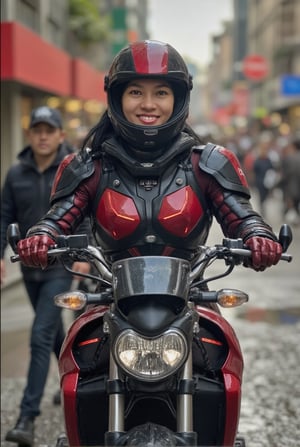 a cyborg girl in mecha armor,60yo,black and red colored armor,neon light lines glowing,exquisite face,soft shiny skin,long hair blowing, pretty smile, riding Triumph Tiger 1200 Rally Explorer, city street backdrop,puddles,dynamic pose,focused expression,realistic,detailed,masterpiece,best quality,sharp focus,high contrast,rule of thirds,depth of perspective,trending on artstation,award-winning photo,chiaroscuro lighting,ek_g1rl_02,ek_art_b00ster,ttthangf