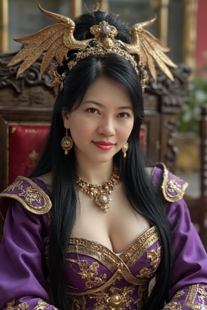 A female warrior sits on a throne in a banquet hall, with an unknown expression on her face. Her straight black long hair, detailed skin and red eye shadow stand out. her large eyes are vividly depicted with realistic brown pupils. The photo, with dramatic lighting and particle effects that seem to have been taken with a DSLR camera, is smooth, glossy and detailed enough to be described as one of the most beautiful works of art in the world. The muscular, large and ornate headdress of the epic and heroic fantasy details the hero's position and dignity, and the dragon flying around her that from her neck and shoulder is a characteristic of the fantastic location and the majestic and chaotic environment. The full body 8k Unity rendering and action shot shows the pores of the skin in detail, and features very dark lighting and deep shadows. The dress, which emphasizes the elegance of the combination of violet and gold, gives a complex and decadent feeling. Completed with digital painting and Octane rendering, this concept art can be found on Artstation, and the smooth, sharply focused illustration boasts top quality with the use of global lighting, studio lighting, and volumetric lighting to add rain and floating particle effects. The highly detailed and delicate details make this piece stand out even more.,Top quality, very detailed and delicate details description:1.2,Ttthangf,Perfect Eyes,Detailed skin,ttthangf