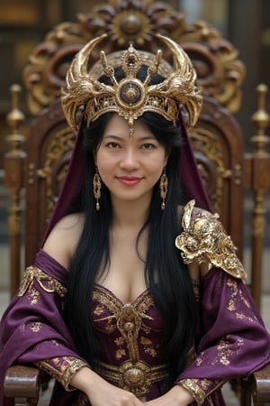 A female warrior sits on a throne in a banquet hall, with an unknown expression on her face. Her straight black long hair, detailed skin and red eye shadow stand out. her large eyes are vividly depicted with realistic brown pupils. The photo, with dramatic lighting and particle effects that seem to have been taken with a DSLR camera, is smooth, glossy and detailed enough to be described as one of the most beautiful works of art in the world. The muscular, large and ornate headdress of the epic and heroic fantasy details the hero's position and dignity, and the dragon flying around her that from her neck and shoulder is a characteristic of the fantastic location and the majestic and chaotic environment. The full body 8k Unity rendering and action shot shows the pores of the skin in detail, and features very dark lighting and deep shadows. The dress, which emphasizes the elegance of the combination of violet and gold, gives a complex and decadent feeling. Completed with digital painting and Octane rendering, this concept art can be found on Artstation, and the smooth, sharply focused illustration boasts top quality with the use of global lighting, studio lighting, and volumetric lighting to add rain and floating particle effects. The highly detailed and delicate details make this piece stand out even more.,Top quality, very detailed and delicate details description:1.2,Ttthangf,Perfect Eyes,Detailed skin,ttthangf