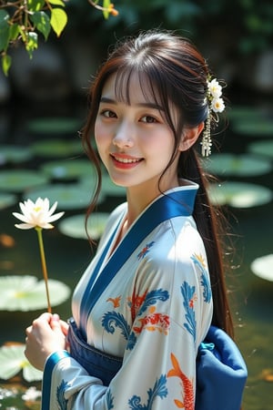 A graceful Korean maiden poses by a tranquil koi pond, surrounded by vibrant greenery and delicate lily pads floating atop the water. The young woman gazes playfully at the viewer with a warm, inviting smile, her bangs gently framing her heart-shaped face. Her long, sleek black hair is tied back, with a few strands cascading down, decorated with elegant hairpins shaped like blossoms. Her large, expressive hazel eyes shine brightly, and her lips are adorned with a soft pink gloss. A luxurious silk kimono in shades of blue and white drapes elegantly around her figure, the motifs reflecting the serenity of her environment. The background is slightly blurred, emphasizing the shimmering water and the vivid colors of the surrounding foliage, while maintaining the focus on her enchanting presence, which radiates tranquility and charm.