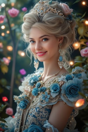 a barbie doll stands in front of a backdrop of colorful flowers. The doll's head is adorned with a tiara, adorned with blue eyes, a pink rose, and a gold necklace. Her hair is pulled back in a bun, cascading down her shoulders. She is dressed in a blue and gold dress adorned with white and blue flowers, adding a touch of sparkle to her outfit. The background is blurred, creating a soft focus on the doll.,ttthangf