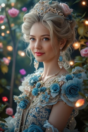 a barbie doll stands in front of a backdrop of colorful flowers. The doll's head is adorned with a tiara, adorned with blue eyes, a pink rose, and a gold necklace. Her hair is pulled back in a bun, cascading down her shoulders. She is dressed in a blue and gold dress adorned with white and blue flowers, adding a touch of sparkle to her outfit. The background is blurred, creating a soft focus on the doll.,ttthangf