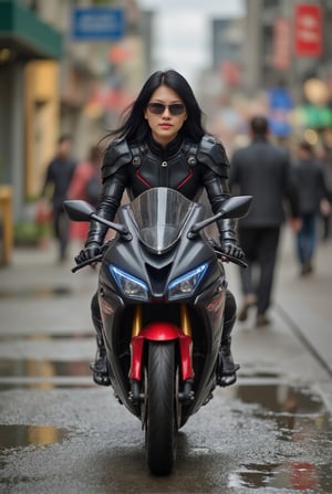 a cyborg girl in mecha armor,20yo,black and red colored armor,neon light lines glowing,exquisite face,soft shiny skin,long hair blowing,sunglasses,riding kawasaki ninja h2r at high speed,city street backdrop,puddles,dynamic pose,focused expression,realistic,detailed,masterpiece,best quality,sharp focus,high contrast,rule of thirds,depth of perspective,trending on artstation,award-winning photo,chiaroscuro lighting,ek_g1rl_02,ek_art_b00ster,ttthangf