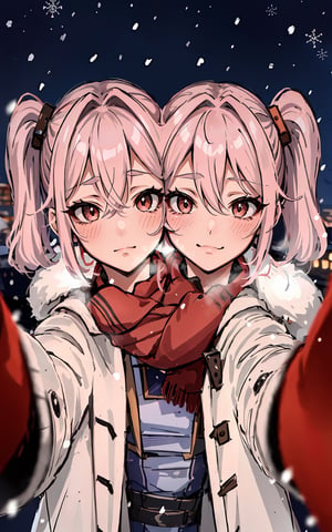 1girl, (pink hair, hair between eyes, mega twintails), brown eyes, (red scarf, winter clothes, purple winter coat, white blouse), looking_at_viewer, (smile, shy:0.15), blush, closed_mouth, IncrsChkWarmingMeme, nighttime, midnight, snowing, ((conjoined_dicephalus, 2heads:1.5))