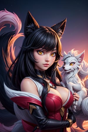 fox_tail,black-hair,5_figners,yellow_eyes,fox_girl,fox_ears,Ahri,midjourney,upper_body,More Detail,league_of_legends_ahri,(((multiple tails, ninetales))) ,more detail XL,black hair