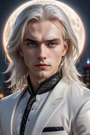 masterpiece, highest quality, (solo focus), (perfect face:1.1), (high detail:1.1),dramatic, 1guy, (pale skin), long white hair, white eyes, [light eyebrows], solo, long hair, moon, night, white luxury suit, covered navel, pouty lips, (beauty marks), gothic city, detailed background, cinematic lighting,by Diamond