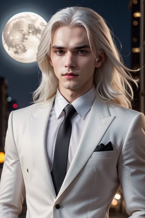 masterpiece, highest quality, (solo focus), (perfect face:1.1), (high detail:1.1),dramatic, 1guy, (pale skin), long white hair, white eyes, [light eyebrows], solo, long hair, moon, night, white luxury suit, covered navel, pouty lips, (beauty marks), gothic city, detailed background, cinematic lighting,by Diamond