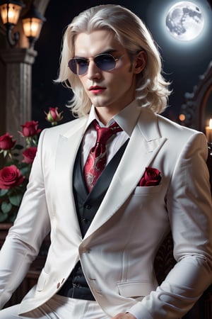 masterpiece, ultra detailed artistic photography of a beautiful vampire guy, 1guy, highest quality, (solo focus), (perfect detailed face:1.2), dramatic, 1guy, (pale skin), long white hair, white eyes, solo, long hair, moon, night, white luxury suit,wears sunglasses covered navel, vampire, covered, roses, detailed background, bats, cinematic lighting, eyes gleam with a seductive longing, sitting down, curvy guy, perfect anatomy, cinematic lighting, intricately detailed, elegant, volumetric lighting, glitter,by Diamond