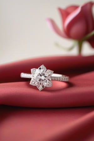 engagement ring, on red cloth, light wall background, pink flower beside
​Ver detalle