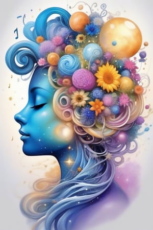 mente y pensamientos conectado al universo, vibrantes colores aules y plateados