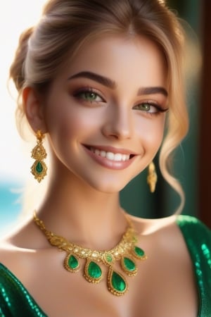 Dama joven, suave sonrisa mirada poderosa cabello rubio vestimenta verde esmeralda, con ornamentos de oro joyas brillos, excena atardecer en la lujosa mansion luces suaves, reflejos de brillos