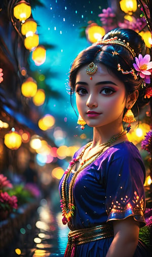 Masterpiece, best quality, high quality, highly detailed cg unity 8k wallpaper, an extremely colorful and pure  night fantasy environment, vibrant tones, glowy streets lights, colorful lights, sparkling sky. The streams were deep blue, and there was a sweet, exotic flavor in the air. Environment seems taken out of a dream, radha-krishna, award winning photography, bokeh, depth of field, HDR, bloom, chromatic aberration, realistic, very detailed, trending on artstation , trending on cgsociety, intricate, high detail, dramatic, midjourney art